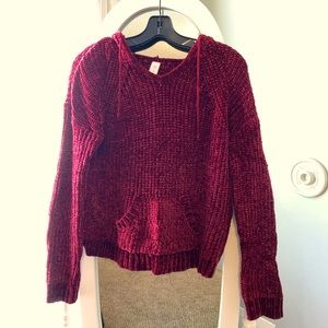 Red Faux Cashmere Pullover with Hood and Pocket